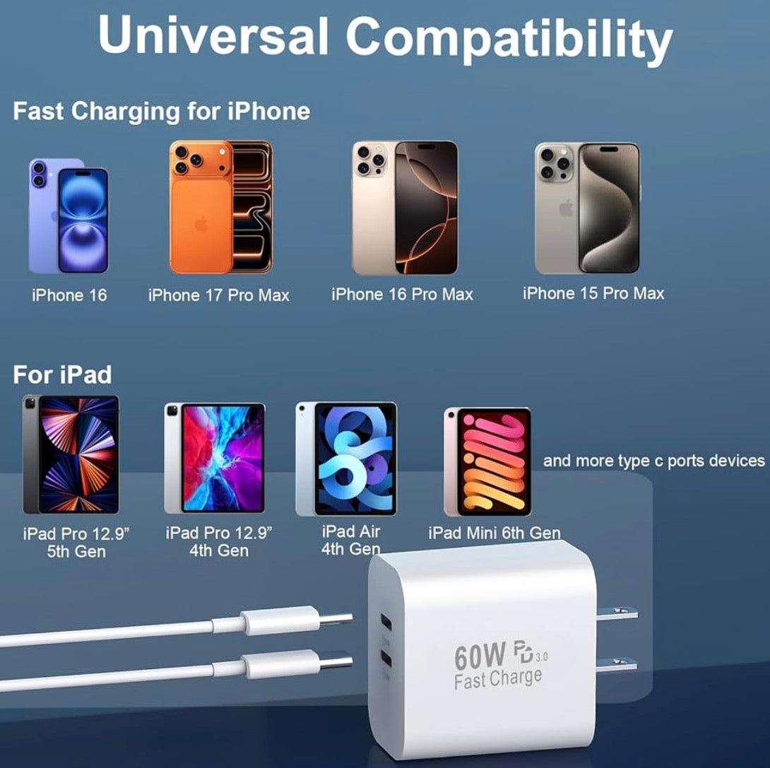 iPhone 17e/17/17 Pro Max Charger, 3-Pack 60W Super Fast Charging Dual Port USB C Wall Charger Block Adapter with 6FT USB C to C Cable Power Cord for iPhone 17/17 Pro Max/Air/16/15 Pro Max/Plus, iPad with no head
